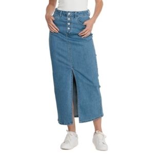 OAT New York Blue Denim MAXI Skirt Silver Tone Buttons Front Slit Belt Loops
